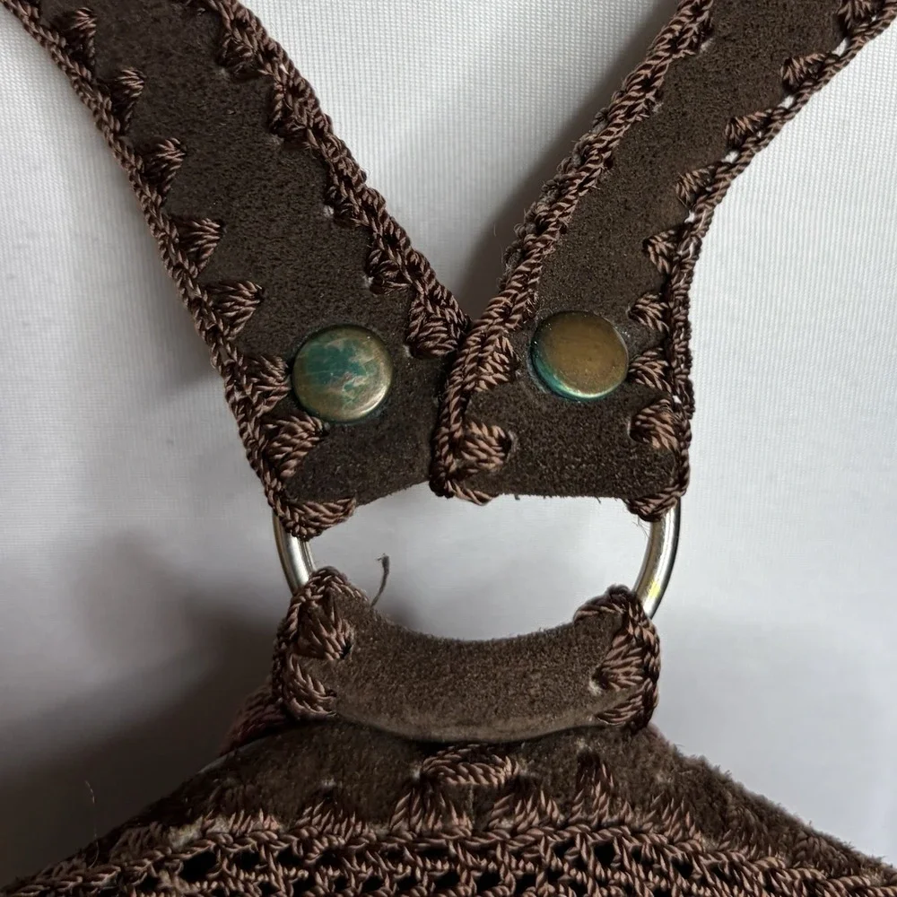 Puro Cuero Crochet Backpack Dark Brown Suede Trim Boho Festival Bucket Bag